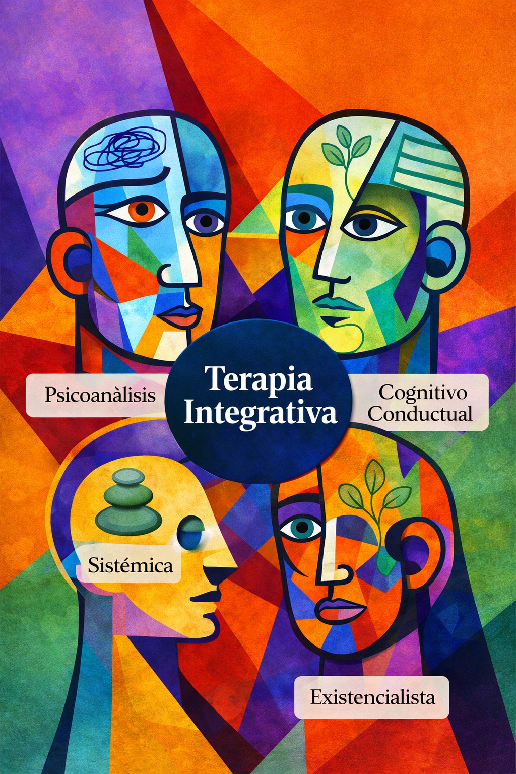 Ilustración conceptual de terapia integrativa con enfoques psicológicos conectados